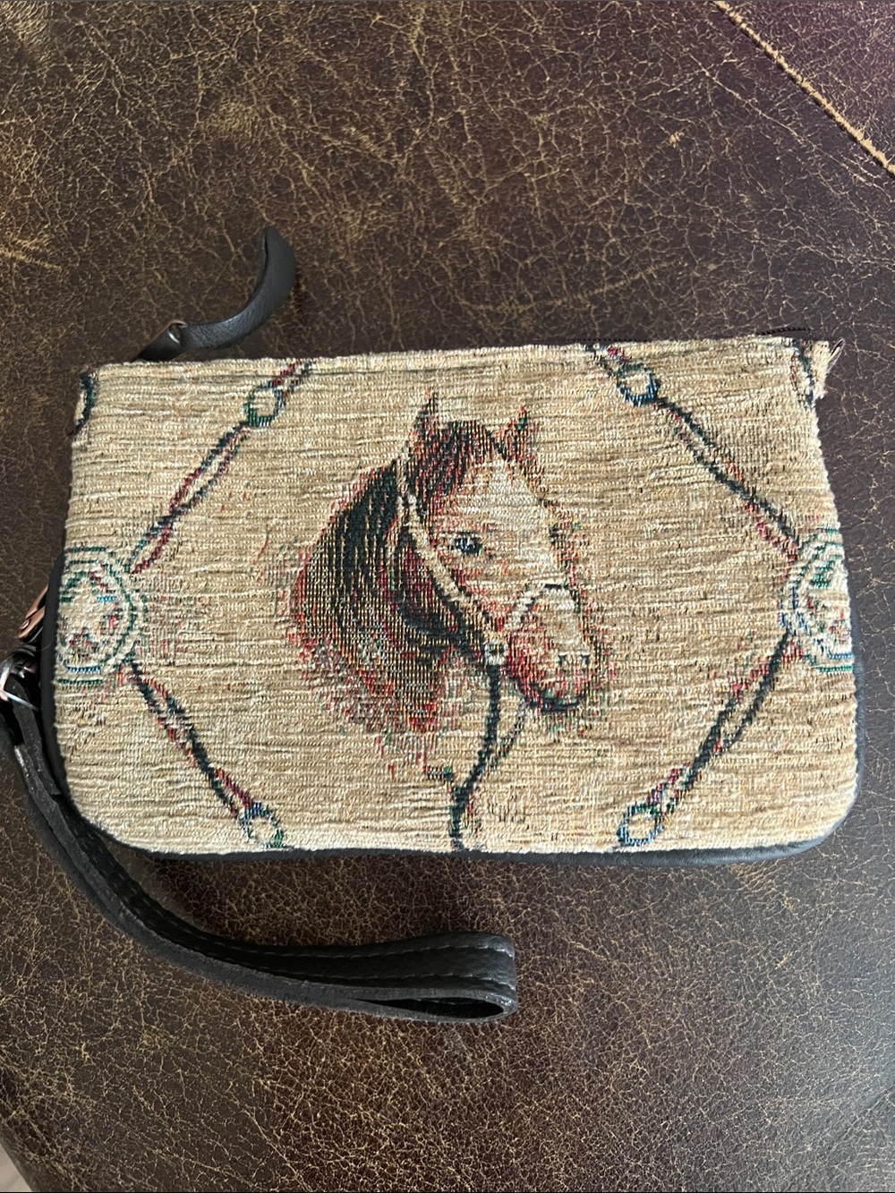 American West Bits & Bridle Horse Tapestry Wristlet Wallet Leather Zip Clutch